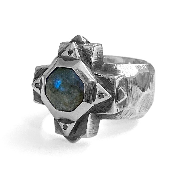 ELFCRAFT • Ring | Facetted Band | Greek Cross Octagon | Black Diamonds & Labradorit